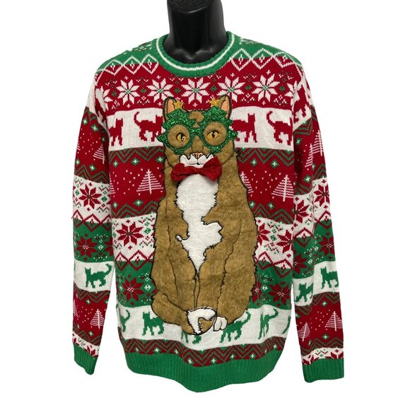 Blizzard Bay Ugly Christmas Sweater Fuzzy Cat Green Glasses Bow Tie Party Large - Picture 1 of 6